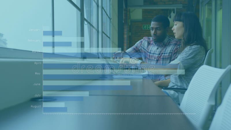 Animation of graph with months name over diverse coworkers discussing reports on digital tablet stock video footage