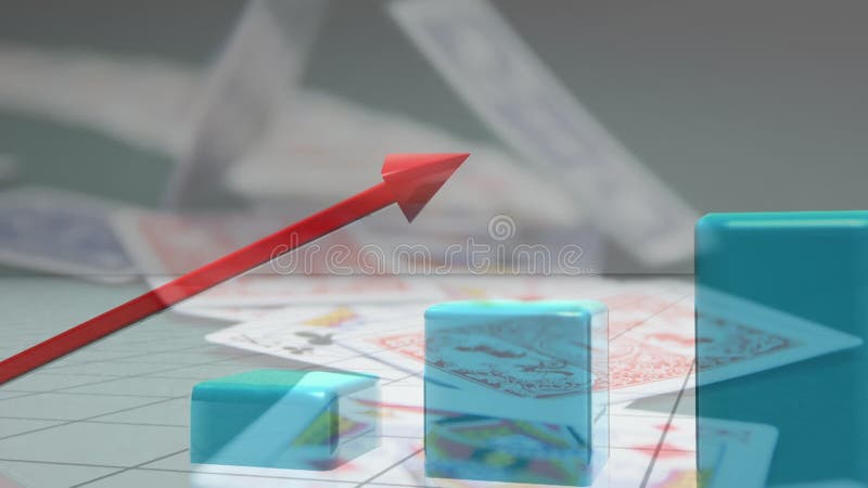Animation of graph with red arrow and blue bars over playing cards falling on a table stock video