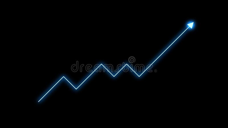 Animation of graph trending upwards, white arrow pointing up on graph with blue light effect on black background stock video footage
