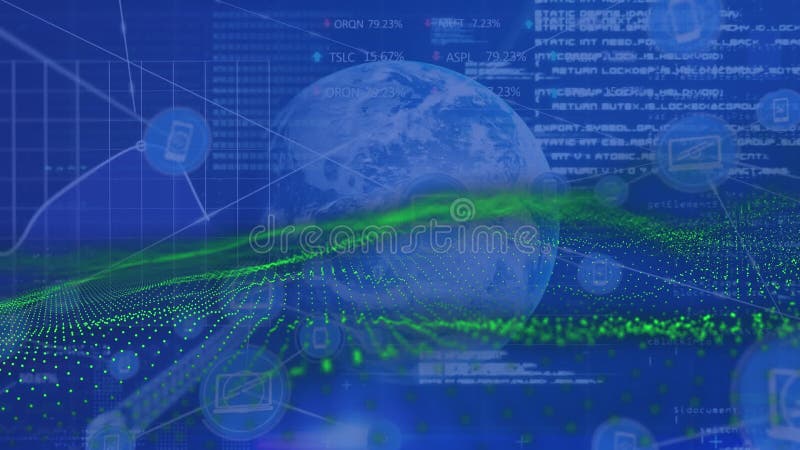 Animation of green mesh and data processing over blue globe and blue squared background