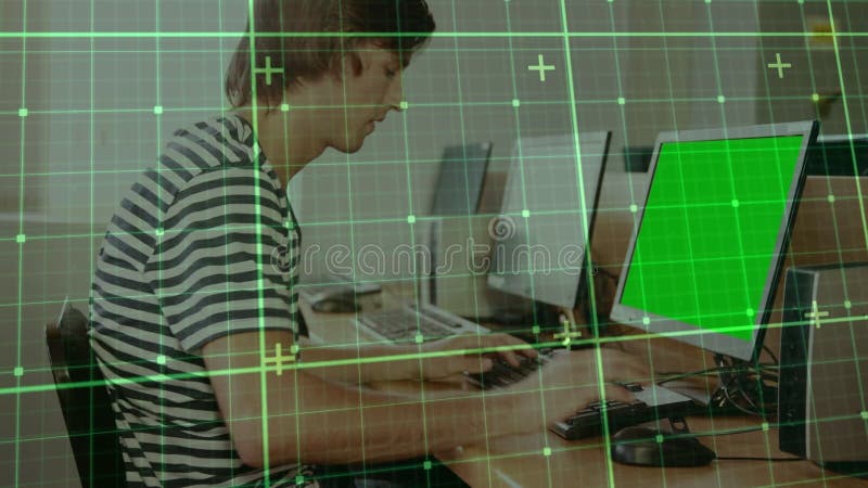Animation of grid over caucasian man using computer with copy space stock video footage
