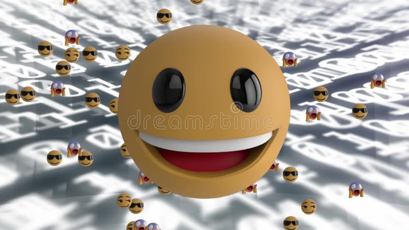 Animation of happy emoji over floating emojis with binary code in background stock illustration