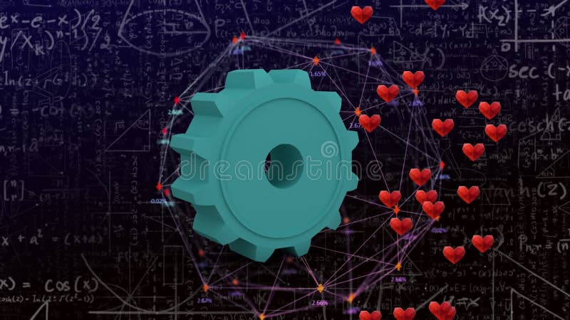 Animation of hearts floating over gear and math formulas stock illustration