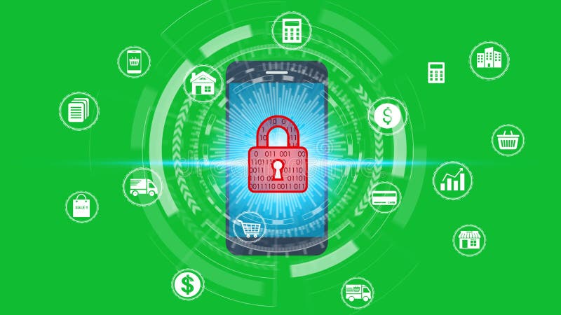Animation homme d'affaires utiliser smartphone avec réseau en utilisant la technologie d'icône de cadenas avec des icônes d'écran illustration stock
