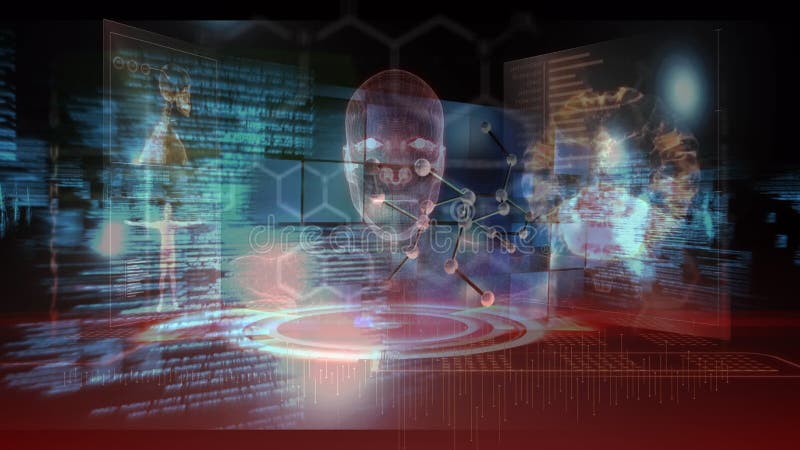 Animation of human brain, molecules spinning and data processing vector illustration