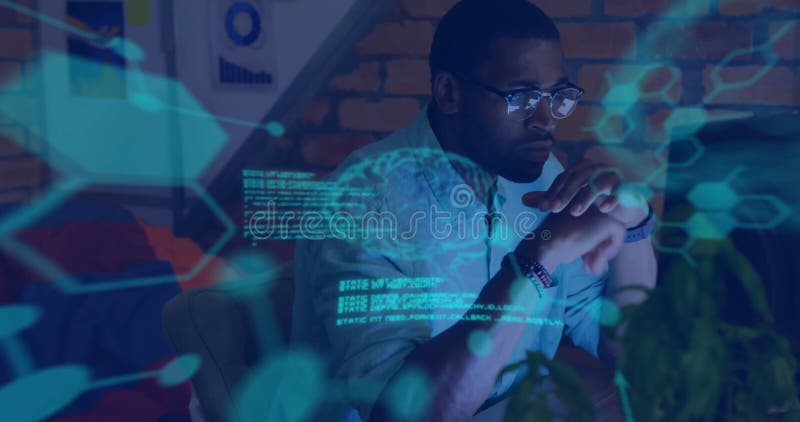 Animation of human brains and digital data processing over african american man stock video footage