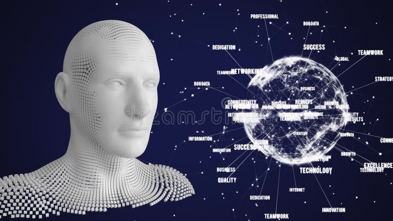 Animation of human bust made of grey particles and globe spinning data processing on blue background vector illustration