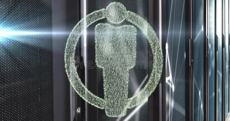 Animation of human icon over server room stock footage