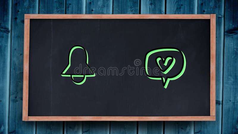 Animation of icons of bell and speech bubble with heart flickering on blackboard on blue background royalty free illustration