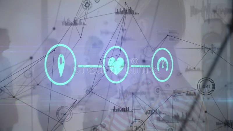 Animation of icons, business people, data processing and network of connections stock footage