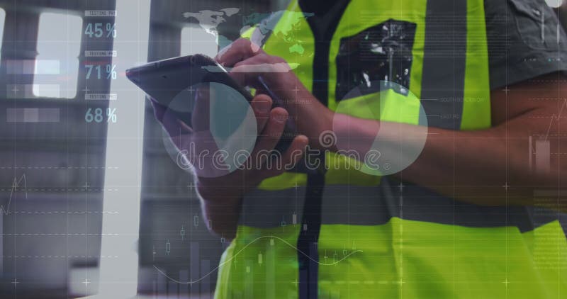 Animation of infographic interface over midsection of biracial male worker using digital tablet vector illustration
