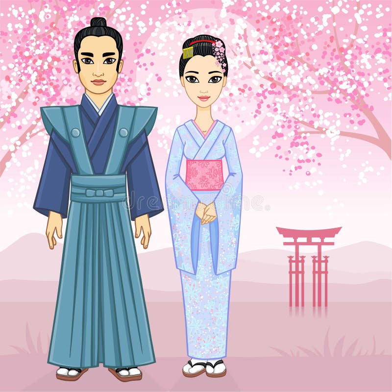 Animation Japanese Family in Ancient Clothes. Stock Vector ...