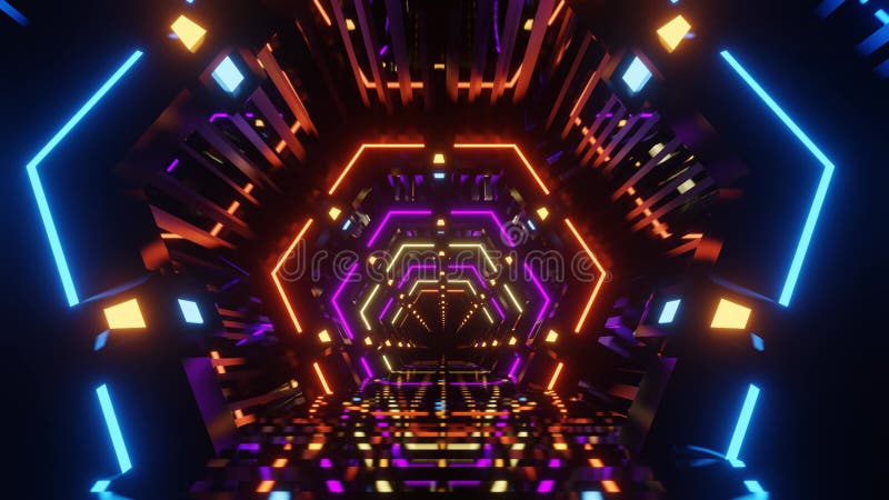 Animation 4K en boucle d'hexagones de néon brillants en couleurs métalliques formant un tunnel scifi banque de vidéos
