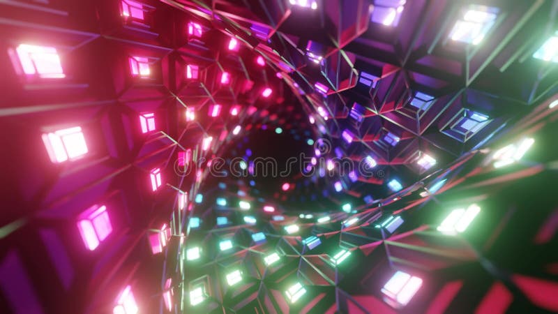 Animation 4K en boucle de triangles néons et de cubes métalliques formant un tunnel scifi brillant clips vidéos