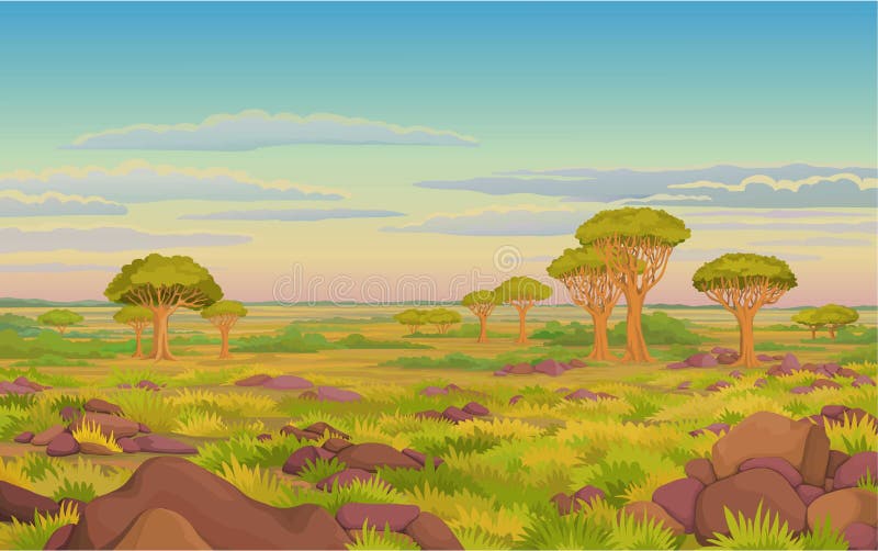 Landscape Of The African Savanna. Vector Illustration. Stock Vector