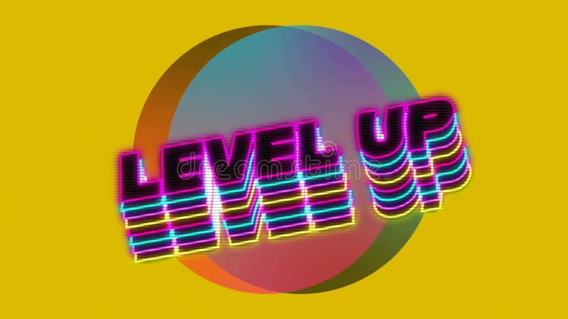 Animation of level up text over colourful circles on yellow background stock illustration