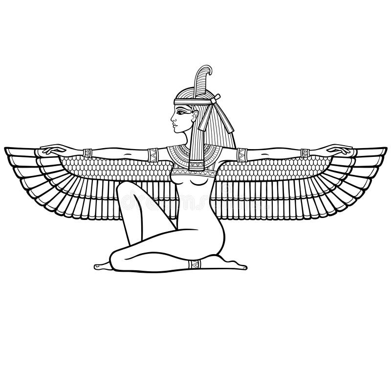 Animation linear portrait: sitting goddess of justice Maat. Profile view. royalty free illustration