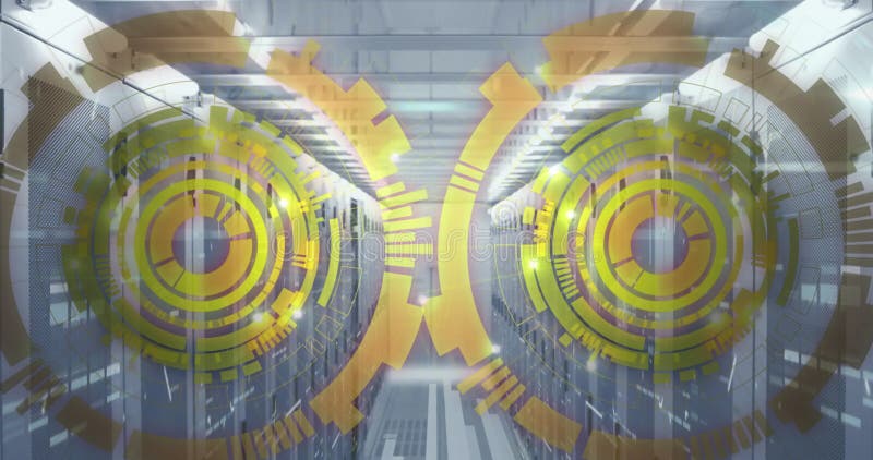 Animarea cercurilor de încărcare peste bare pe rackuri server de date în camera serverului vector illustration