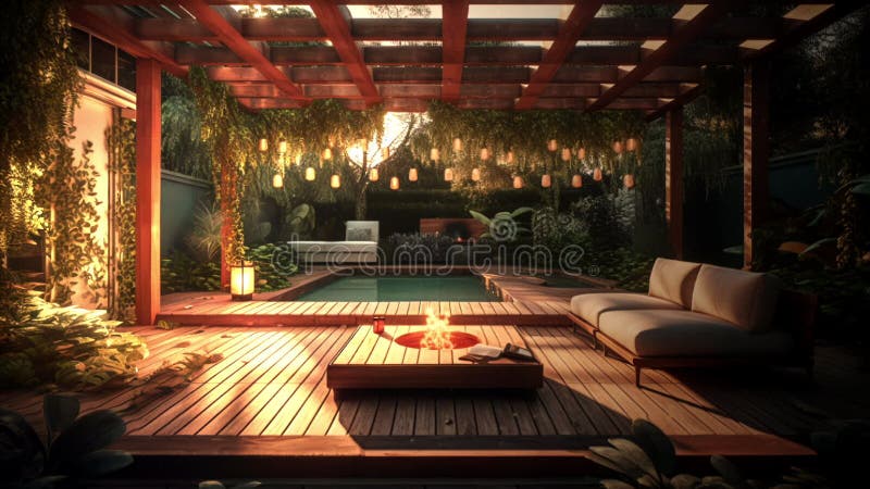 Animation luxueux patio avec piscine feu et coin salon confortable illustration libre de droits