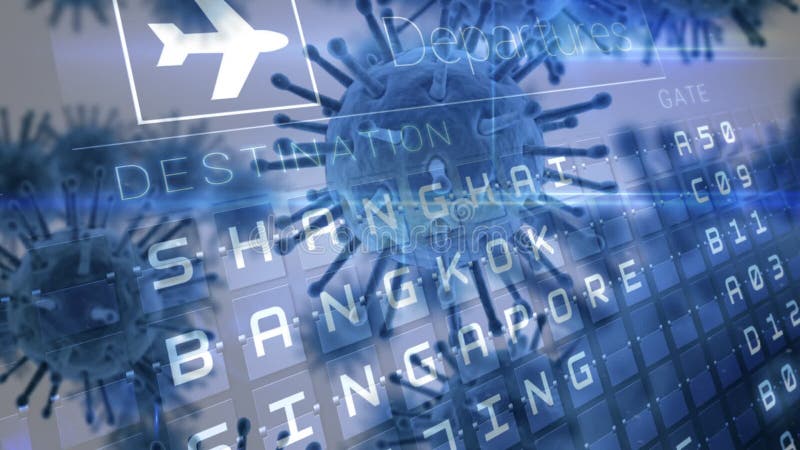 Animation of macro coronavirus Covid-19 cells spreading over a departure board stock illustration