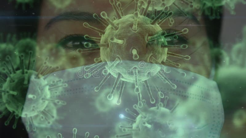 Animation of macro coronavirus Covid-19 cells spreading over a mixed race woman wearing a face royalty free illustration