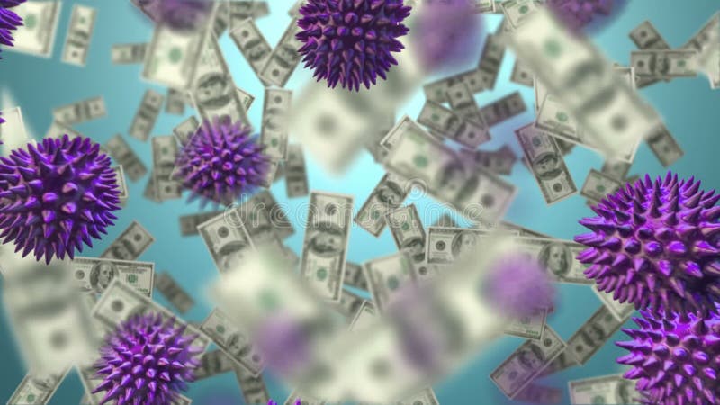 Animation of macro Covid-19 cells and American dollar bills floating. vector illustration