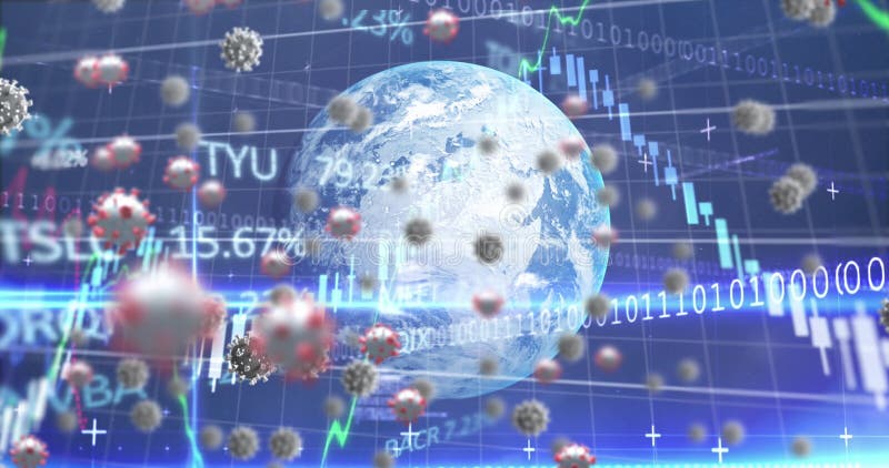 Animation of macro Covid-19 cells floating with a globe model and charts vector illustration