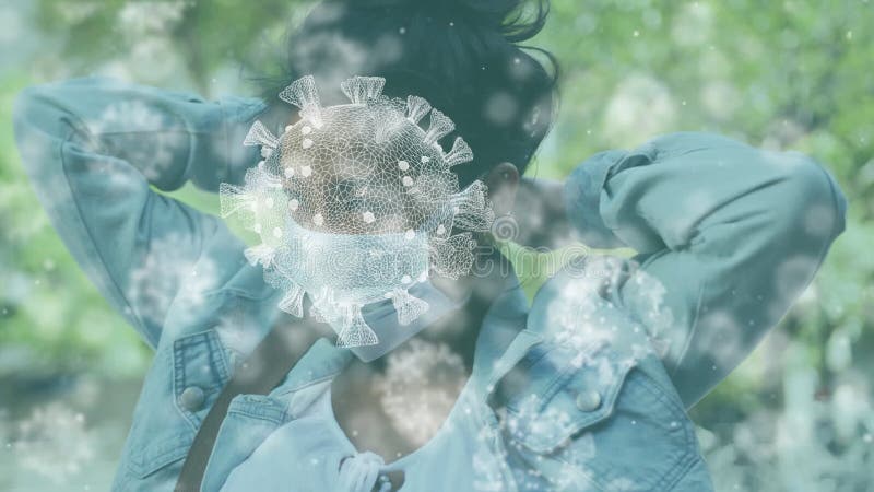 Animation of macro Covid-19 cells floating over Asian woman putting mask on royalty free illustration