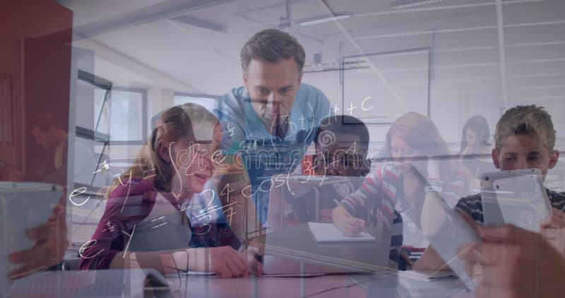Animation of math formulas moving over diverse male teacher and pupils working on laptop stock video footage