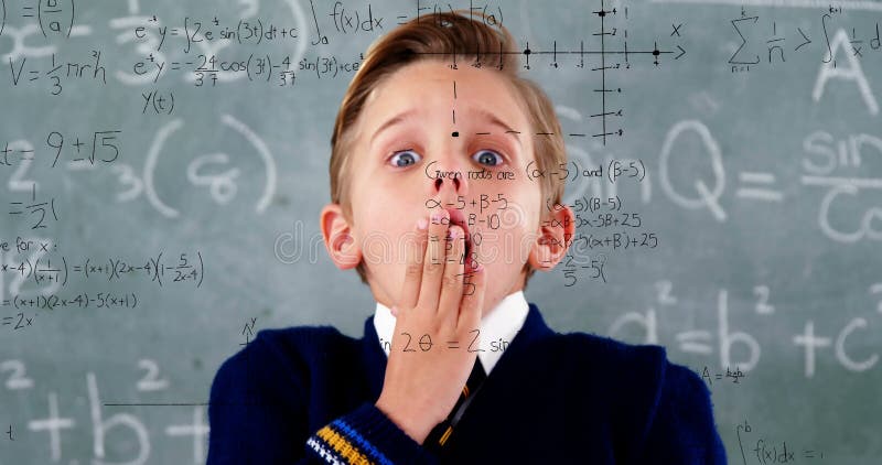 Animation of math formulas over scared caucasian boy over blackboard stock footage