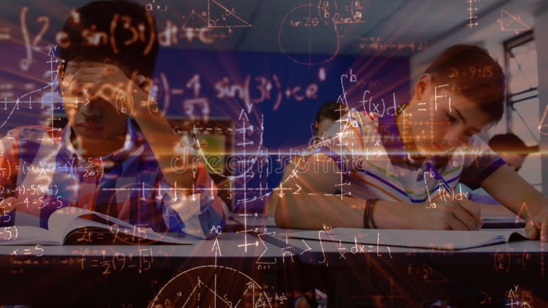 Animation of math graphs over class of diverse students at school stock video footage