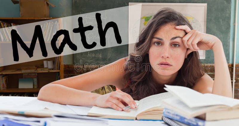 Animation of math text and student learning over empty classroom stock footage