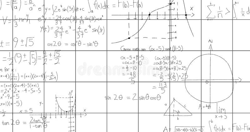 Animation of mathematical equations and formulas over squared lined white background