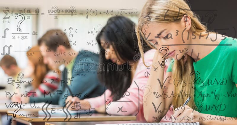 Animation of mathematical equations over diverse students in classroom stock video