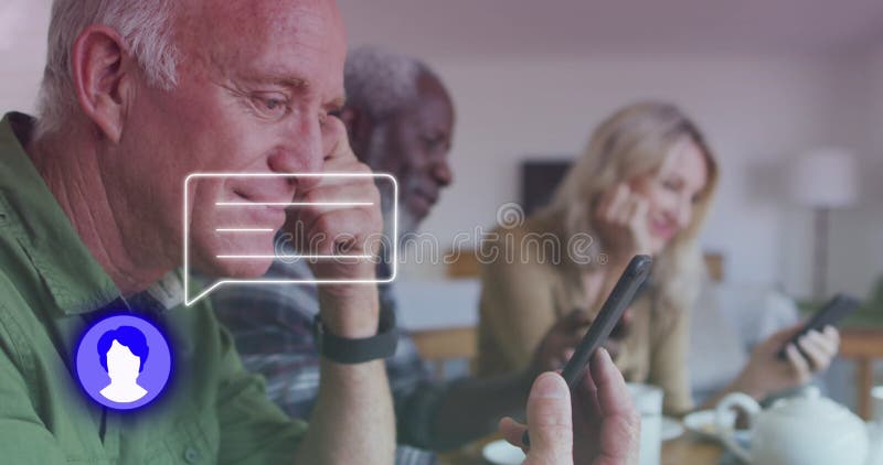 Animation of media icon over diverse group of seniors using smartphones