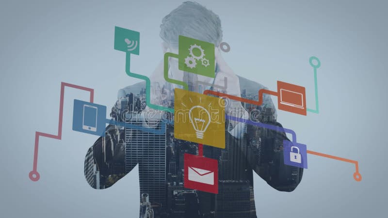 Animation of media icons over caucasian man stock footage