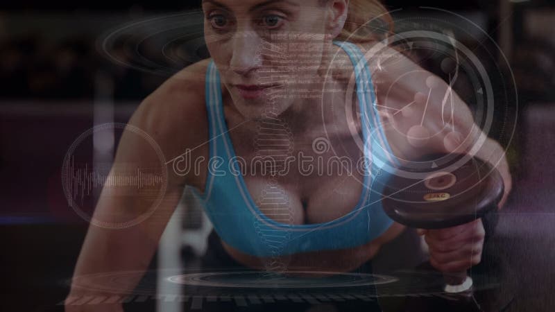 Animation of medical data processing over fit caucasian women stock video footage