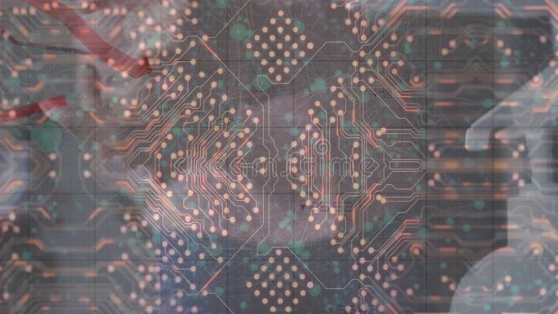 Animation of microprocessor connections and red graphs moving over close of hand using sanitizer stock footage
