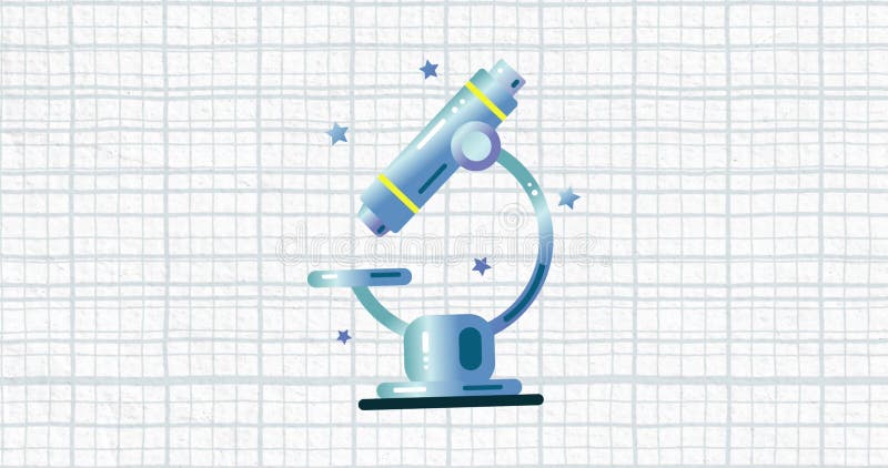 Animation of microscope icon against squared lined paper background with copy space