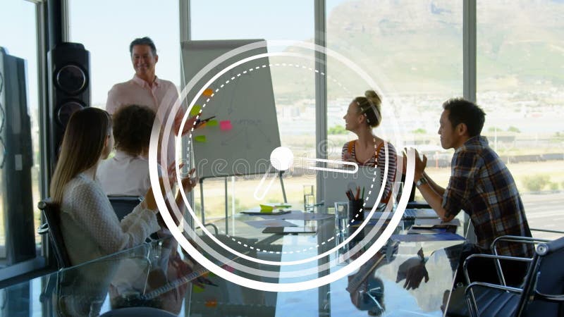 Animation of moving clock over diverse business people at office stock footage