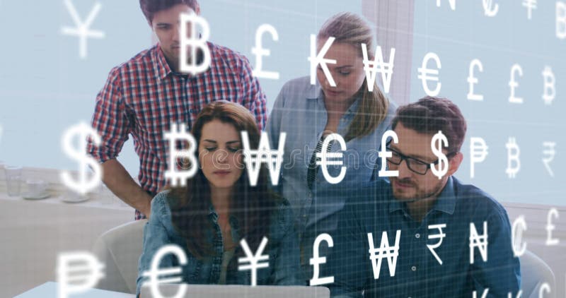 Animation of multiple currency symbols against team of diverse colleagues discussing at office stock illustration