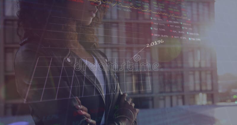 Animation of multiple graph, changing numbers, trading boards, biracial woman standing arms crossed vector illustration