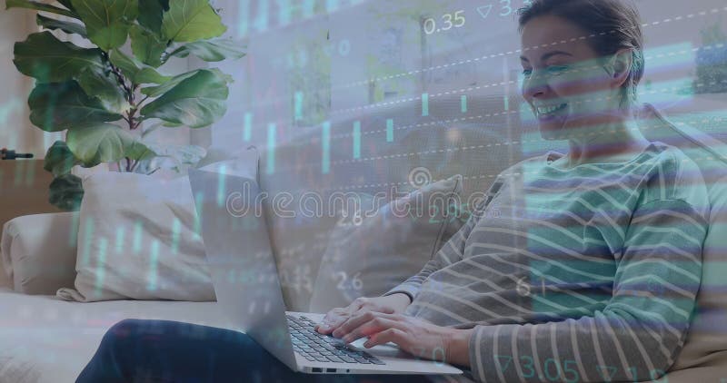 Animation of multiple graphs and trading board over Caucasian woman working on laptop at home vector illustration