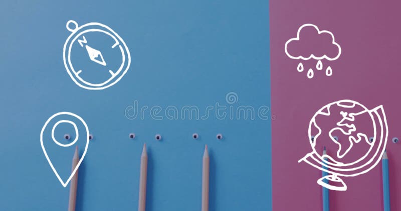 Animation météorologique et boussole avec crayons sur fond bleu et violet banque de vidéos
