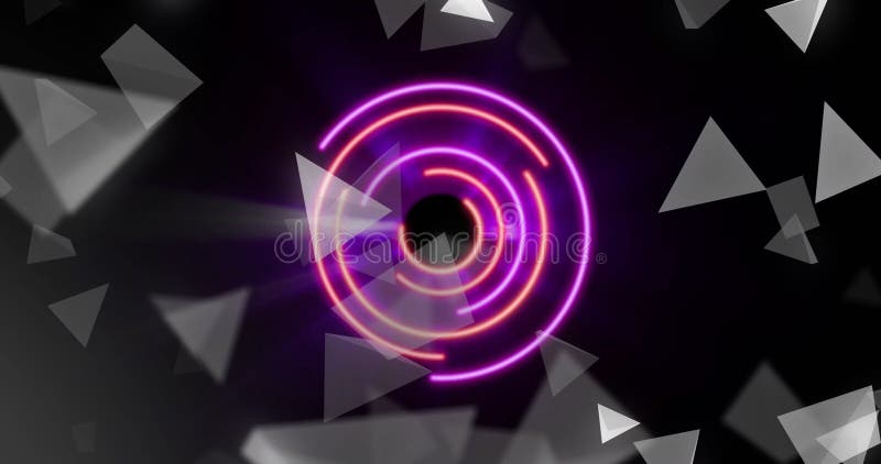 Animation of neon circles spinning over grey triangles on black background royalty free illustration