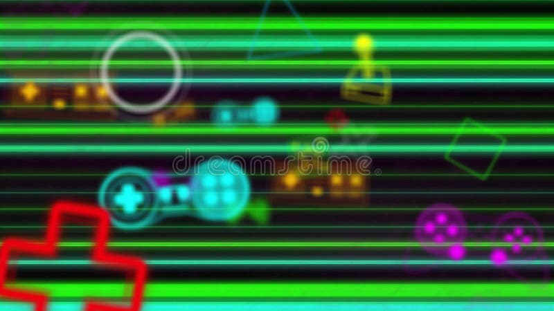 Animation of neon gaming icons over green trails stock footage