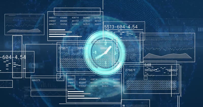 Animation neon ticking clock and interfaces with data processing over globe on blue background stock illustration