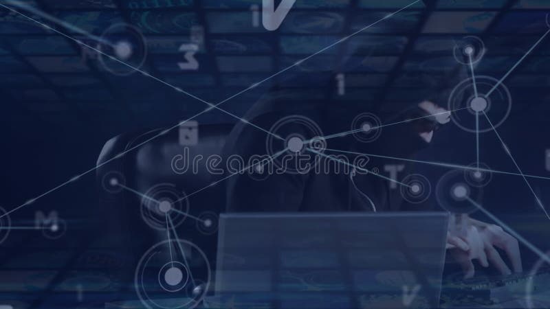 Animation of network of connections and data processing over caucasian hacker stock illustration