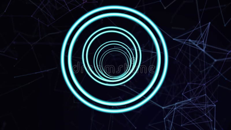Animation of network of connections and data processing over neon circles vector illustration