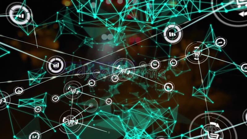 Animation of network of connections with icons with data processing vector illustration